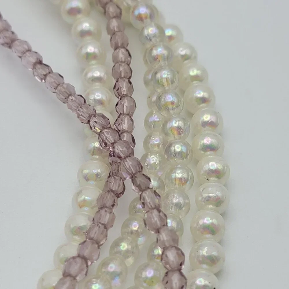 Vintage Faux Pearl Necklace White And Pink Multi Strand Gold Tone Box Clasp 17